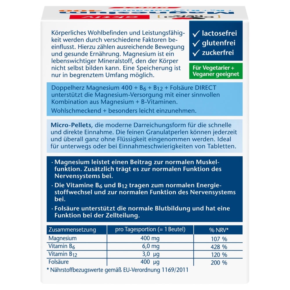 Doppelherz Magnesium 400 + B6 + B12 + Folsäure direct 40 Stück