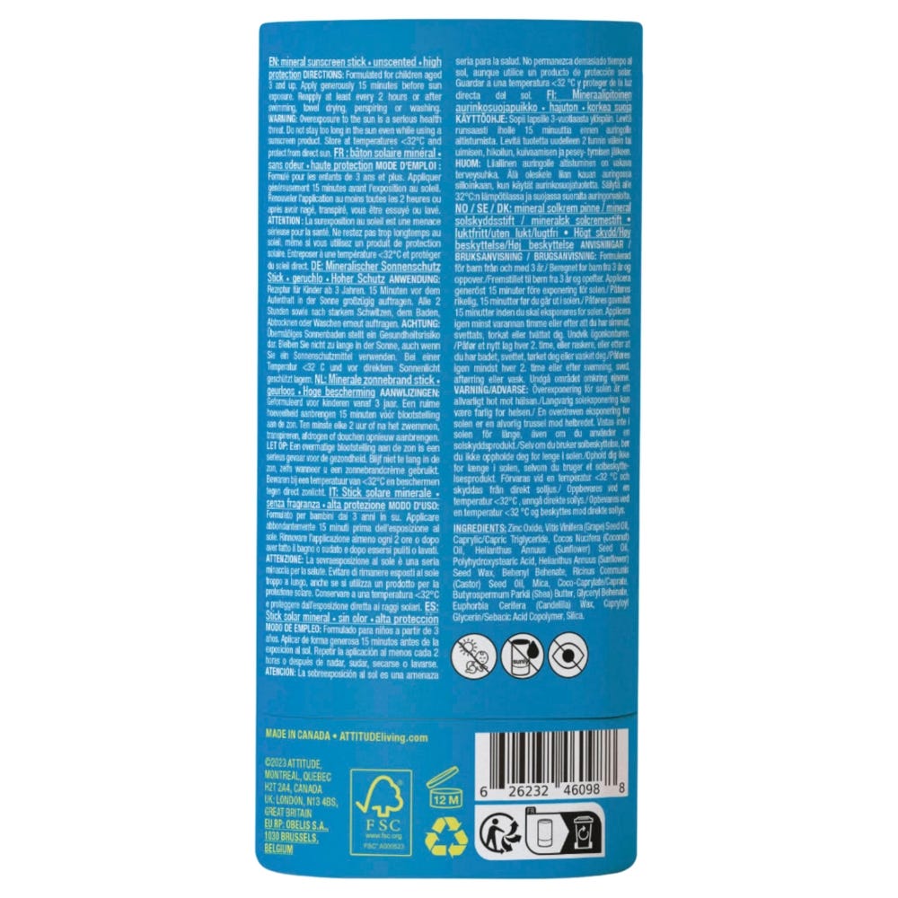 Attitude – Clean Beauty Sunly Sunscreen Stick Kids SPF30 Unscent 60 g