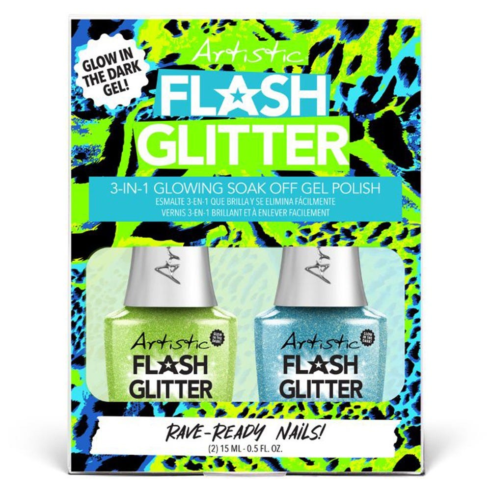 Artistic Nail Design Flash Glitter Glow In The Dark Kit Green & Turquoise 30 ml