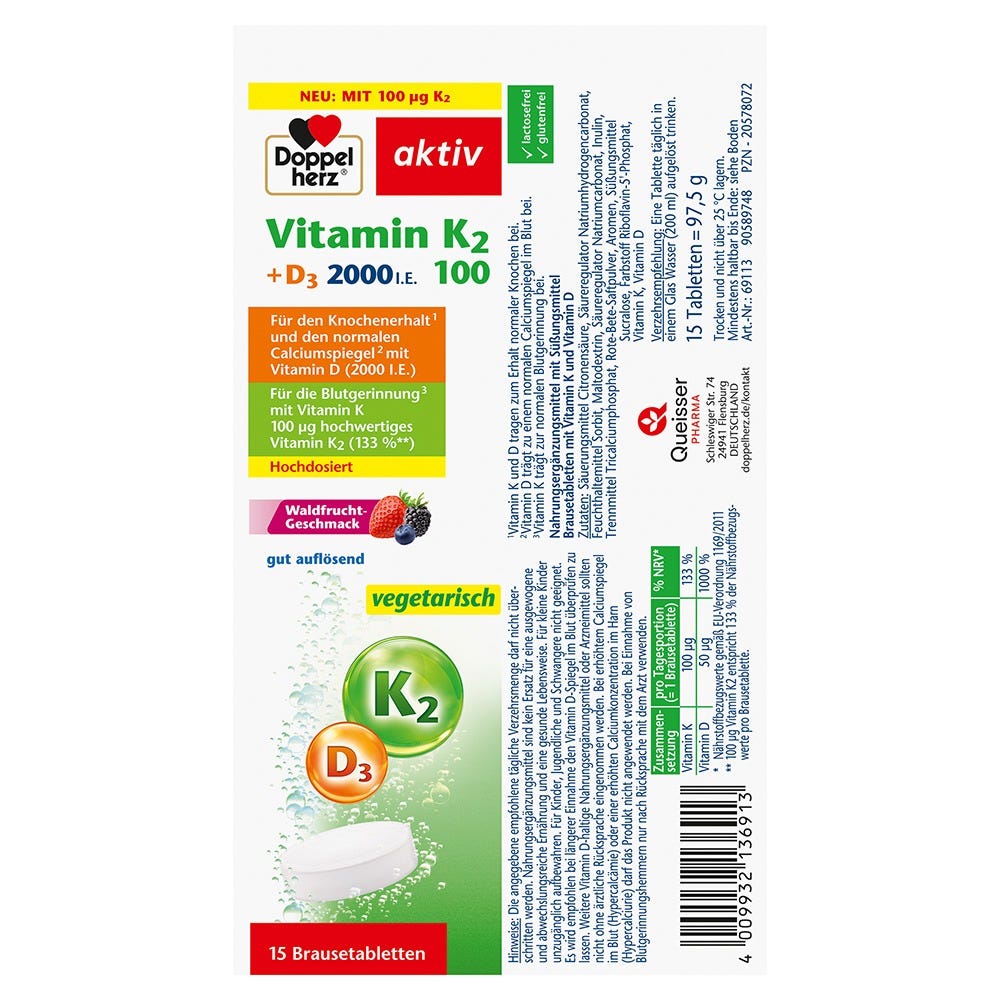 Doppelherz Vitamin K2 + D3 2000 I.E. Brausetabletten 15 Stück