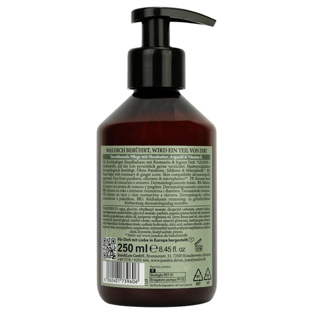Jean & Len Hand Balm Rosemary/Ginger 250 ml